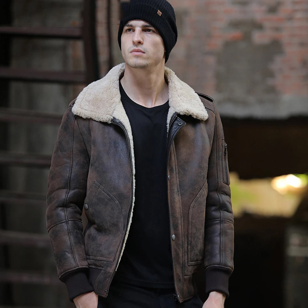 Mens Brown RAF Aviator Flight Shearling Sheepskin Leather Jacket