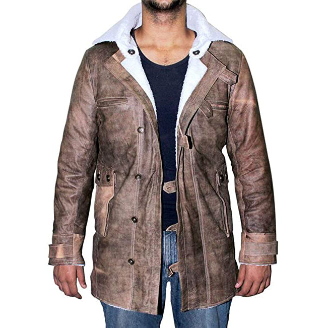 Mens Shearling Bomber Jacket - Distressed Real Leather Winter Coat for Men