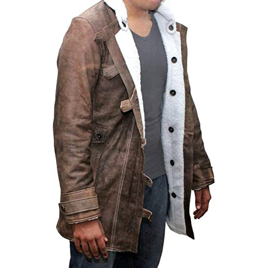 Mens Shearling Bomber Jacket - Distressed Real Leather Winter Coat for Men
