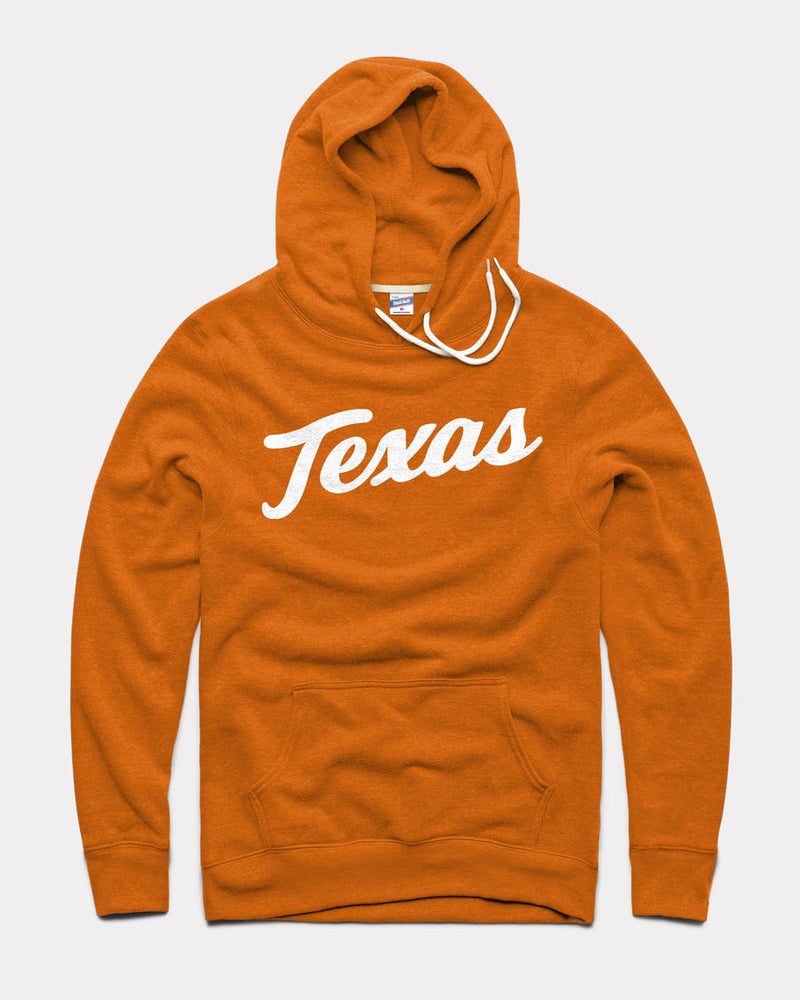 Orange hoodie with 'Texas' printed on it against a white background