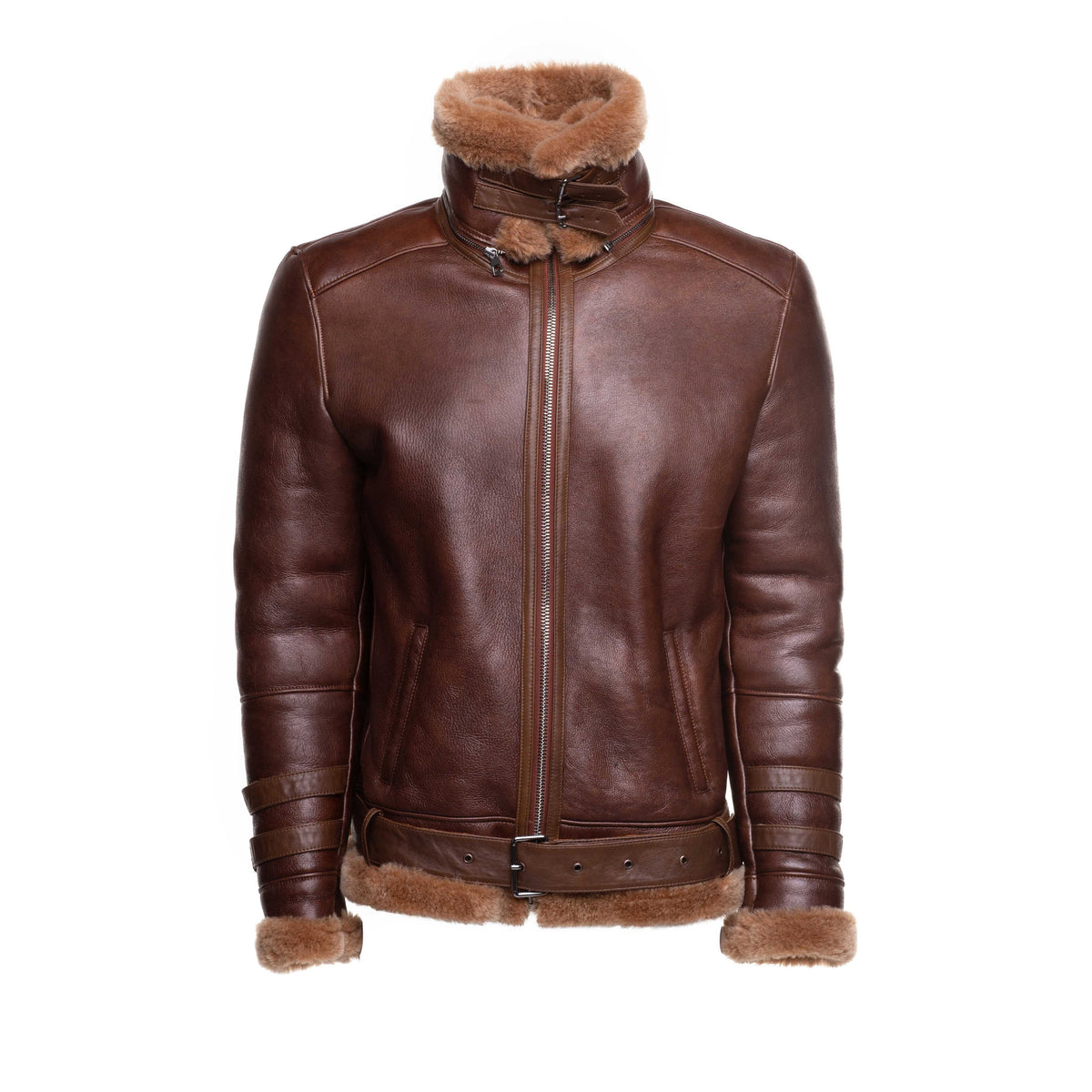 Phans Brown Aviator bomber shearling jacket with a waist belt