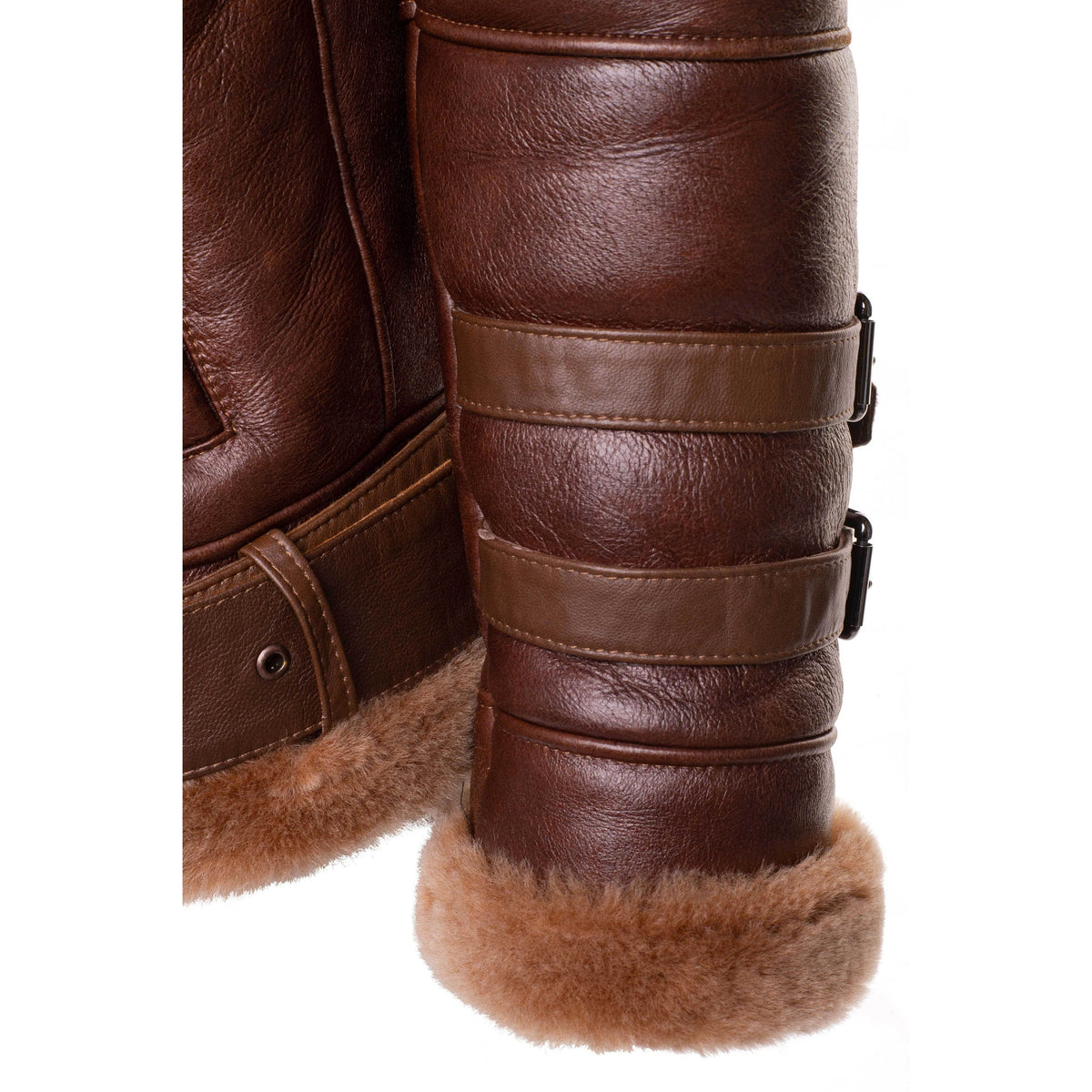 Phans Brown Aviator bomber shearling jacket with a waist belt