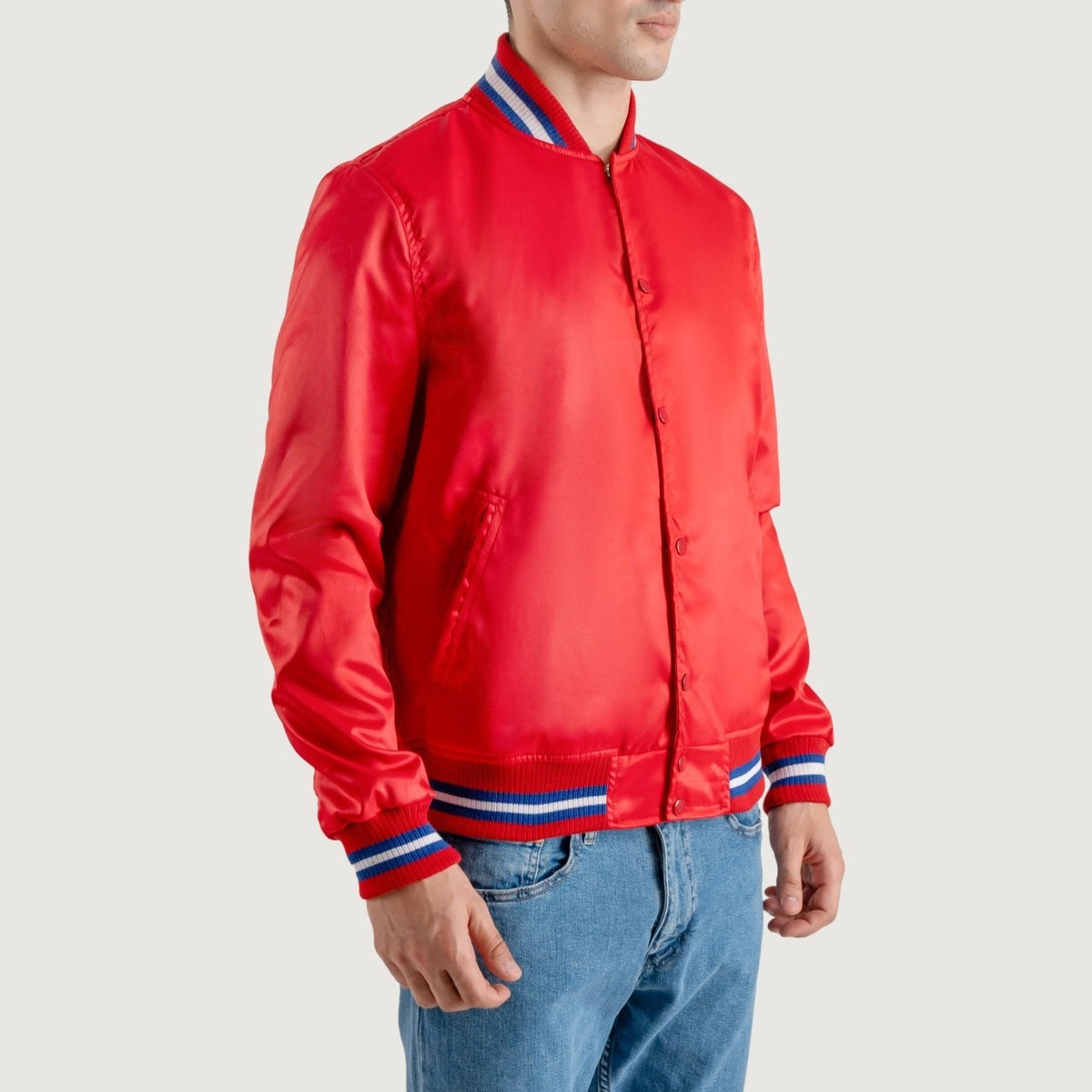 Red Satin Letterman Jacket with White Stripes