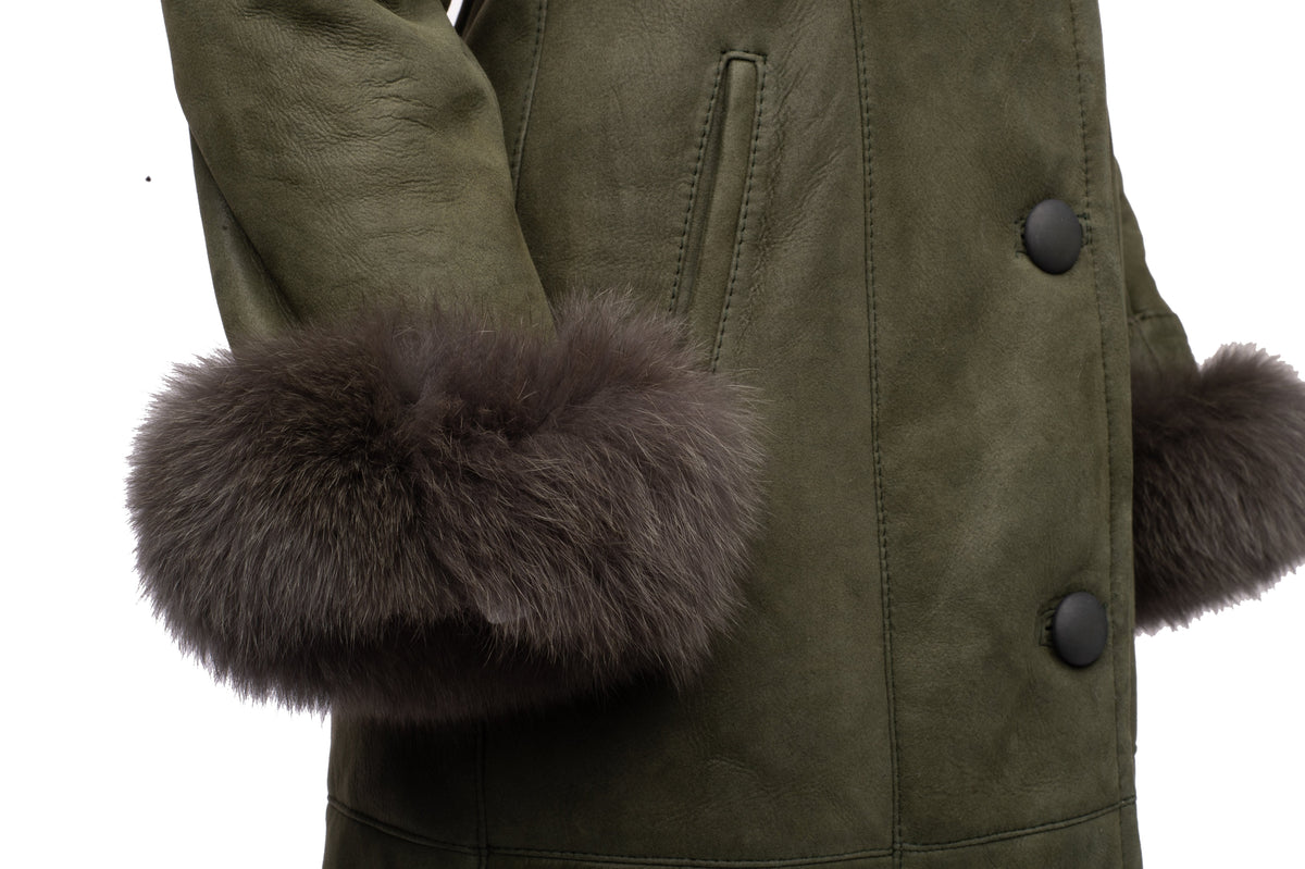 Caitlans Shearling Sheepskin Long Coat with Fox Fur Trim
