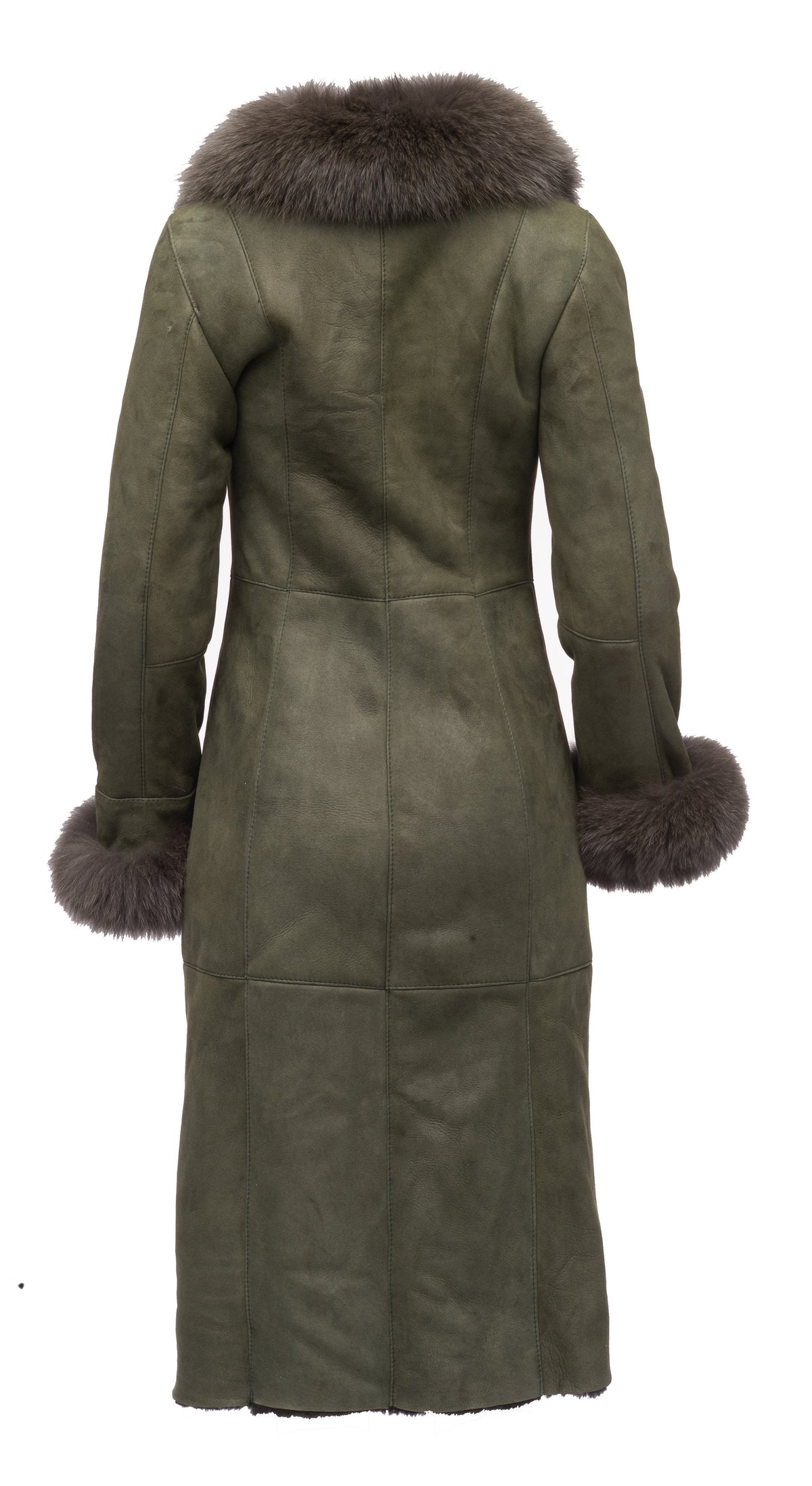 Caitlans Shearling Sheepskin Long Coat with Fox Fur Trim
