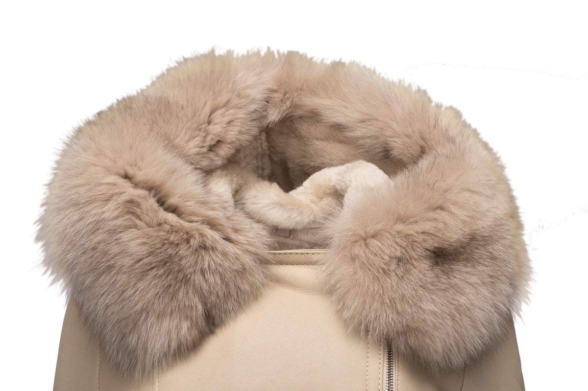 Gracies Hooded Sheepskin Shearling Jacket with fox fur