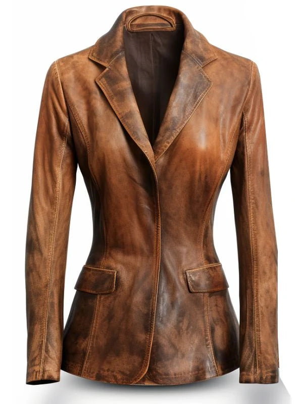 Women Designer Brown Waxed Leather Blazer – Stylish Real Leather Outerwear