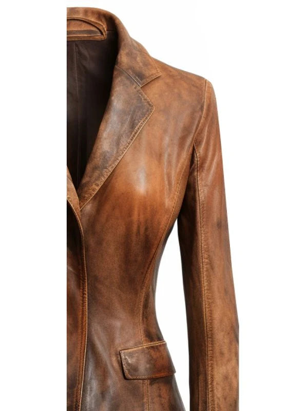 Women Designer Brown Waxed Leather Blazer – Stylish Real Leather Outerwear