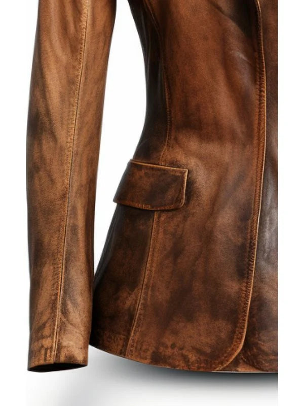 Women Designer Brown Waxed Leather Blazer – Stylish Real Leather Outerwear