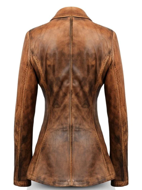 Women Designer Brown Waxed Leather Blazer – Stylish Real Leather Outerwear
