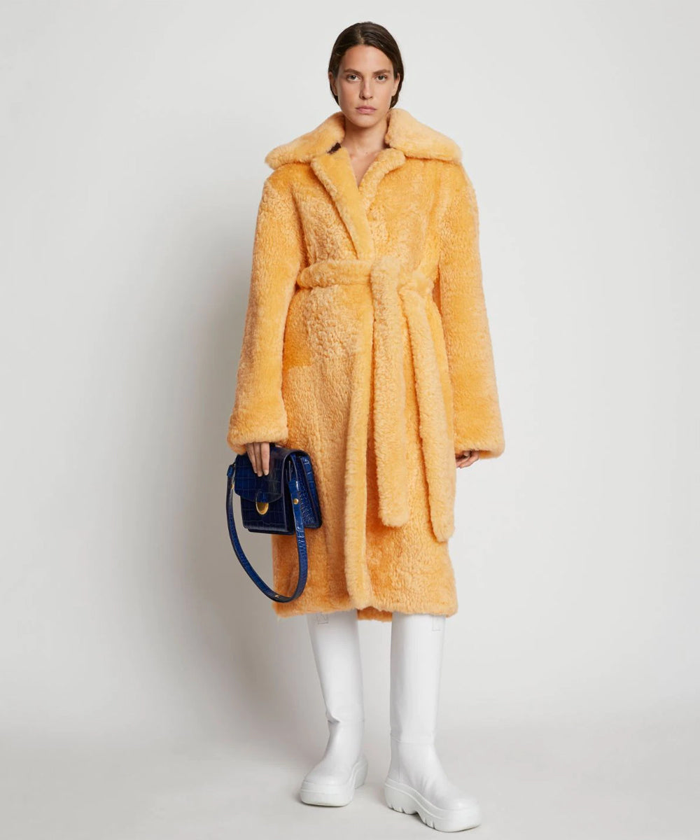 Womens Apricot Soft Curly Fur Shearling Long Coat
