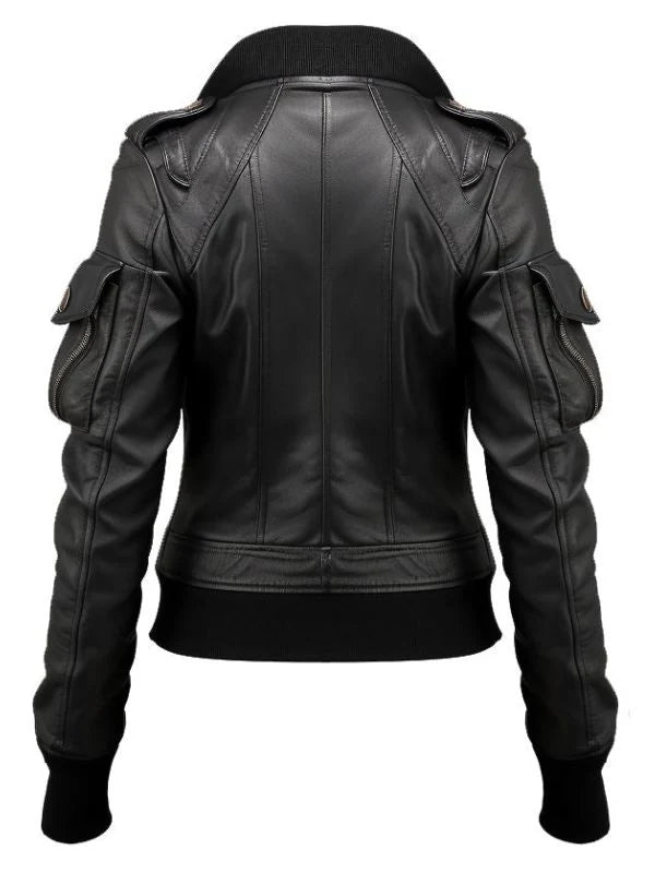 Women’s Black Leather Bomber Jacket – Classic Zip-Up Outerwear