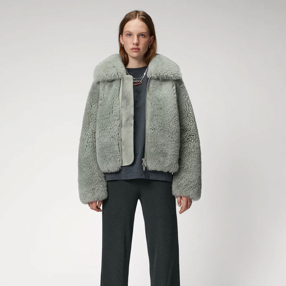 New Grey Womens Winter Shearling Short Fox Fur Jacket
