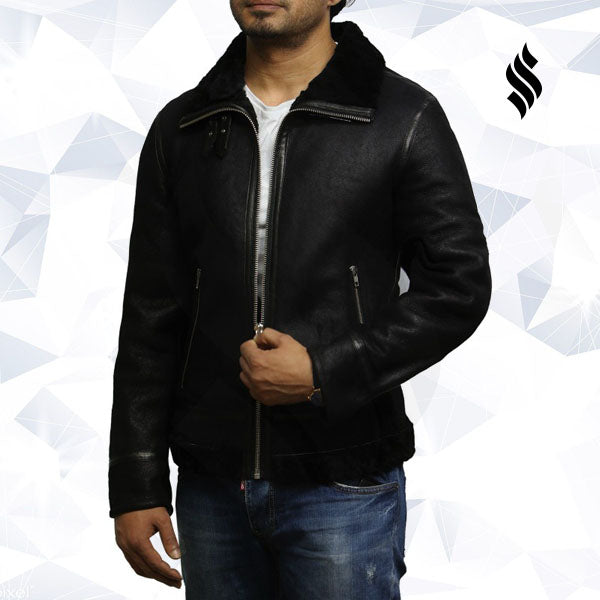 Mens Aviator Black B3 World War2 Real Shearling Sheepskin Flying Jacket
