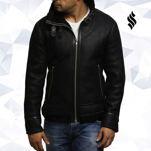 Mens Aviator Black B3 World War2 Real Shearling Sheepskin Flying Jacket