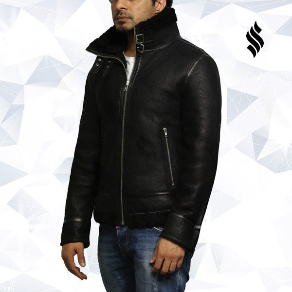 Mens Aviator Black B3 World War2 Real Shearling Sheepskin Flying Jacket