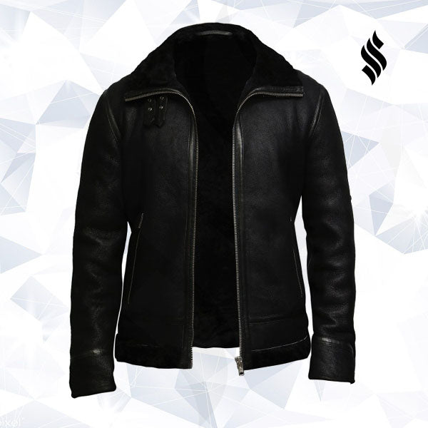 Mens Aviator Black B3 World War2 Real Shearling Sheepskin Flying Jacket