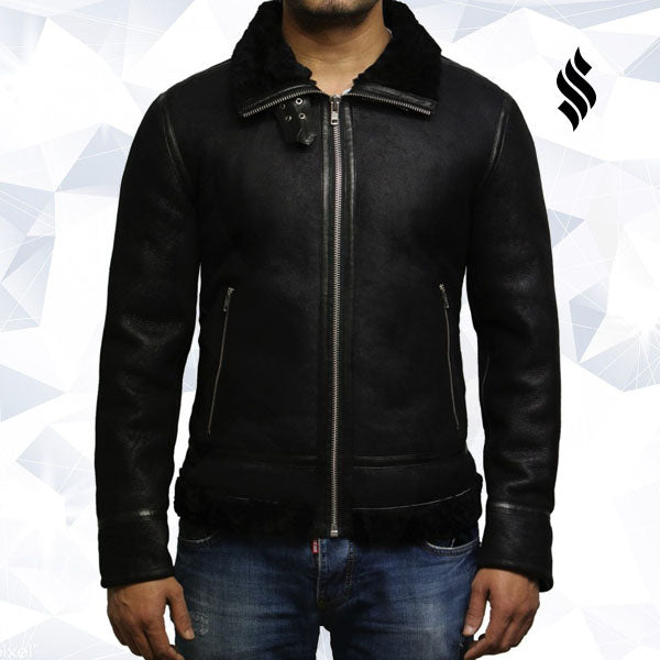 Mens Aviator Black B3 World War2 Real Shearling Sheepskin Flying Jacket
