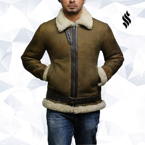 Mens Aviator Real Shearling Sheepskin Leather Bomber Flying Jacket