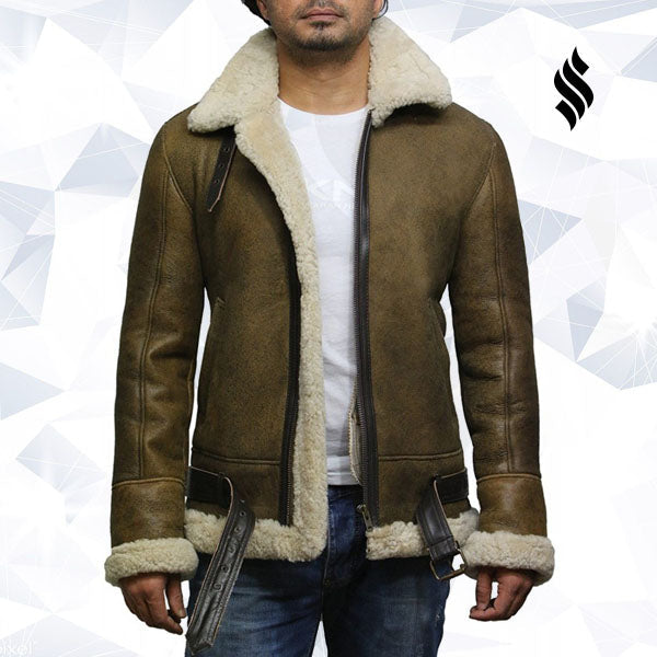 Mens Aviator Real Shearling Sheepskin Leather Bomber Flying Jacket