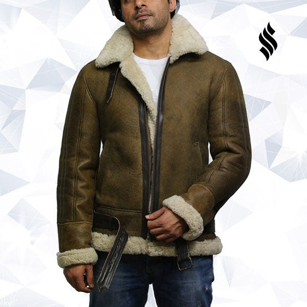 Mens Aviator Real Shearling Sheepskin Leather Bomber Flying Jacket