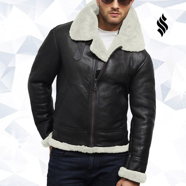 Mens Aviator Real Shearling Sheepskin Leather Flying Jacket