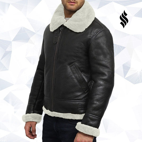 Mens Aviator Real Shearling Sheepskin Leather Flying Jacket