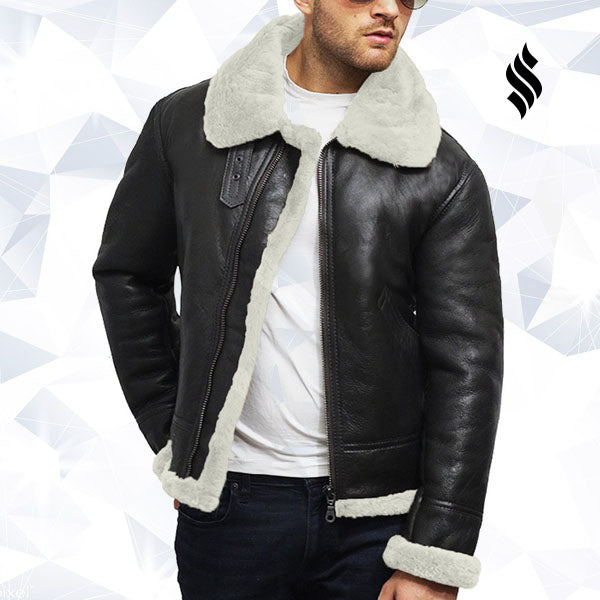 Mens Aviator Real Shearling Sheepskin Leather Flying Jacket