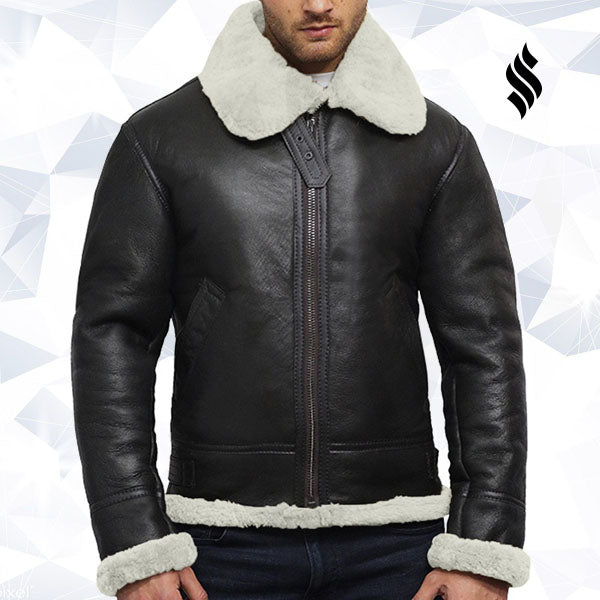 Mens Aviator Real Shearling Sheepskin Leather Flying Jacket