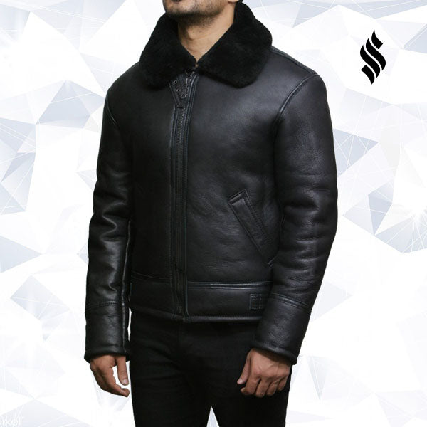 Mens Black Aviator B3 Real Shearling Sheepskin Leather Bomber Flying Pilot Jacket