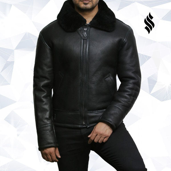Mens Black Aviator B3 Real Shearling Sheepskin Leather Bomber Flying Pilot Jacket
