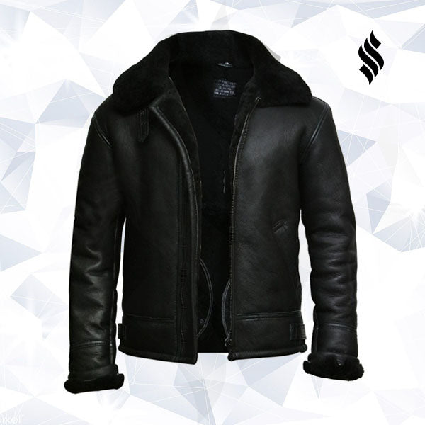 Mens Black Aviator B3 Real Shearling Sheepskin Leather Bomber Flying Pilot Jacket