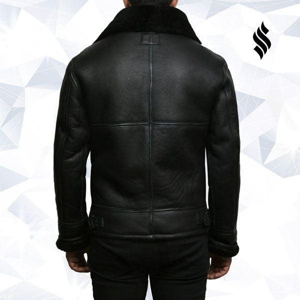 Mens Black Aviator B3 Real Shearling Sheepskin Leather Bomber Flying Pilot Jacket
