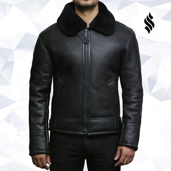 Mens Black Aviator B3 Real Shearling Sheepskin Leather Bomber Flying Pilot Jacket