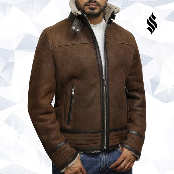 Mens Brown Genuine Shearling Sheepskin Leather Jacket Vintage