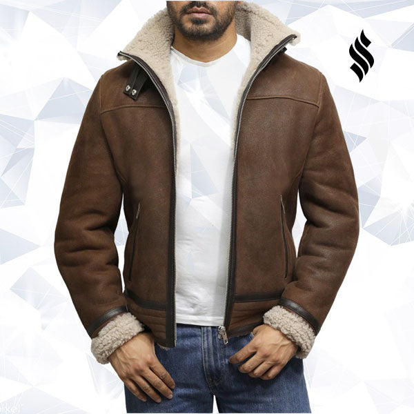 Mens Brown Genuine Shearling Sheepskin Leather Jacket Vintage