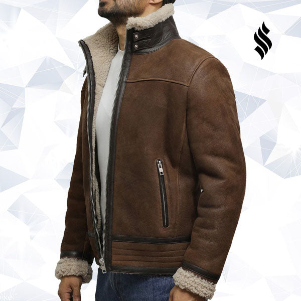Mens Brown Genuine Shearling Sheepskin Leather Jacket Vintage