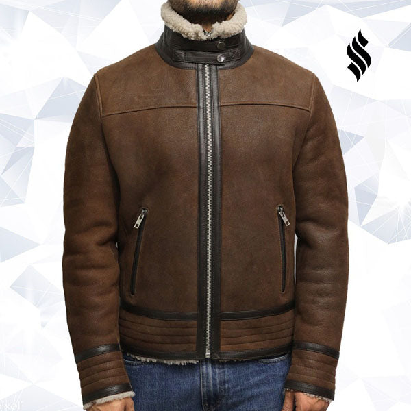 Mens Brown Genuine Shearling Sheepskin Leather Jacket Vintage