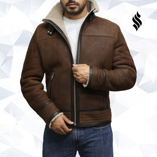 Mens Brown Genuine Shearling Sheepskin Leather Jacket Vintage