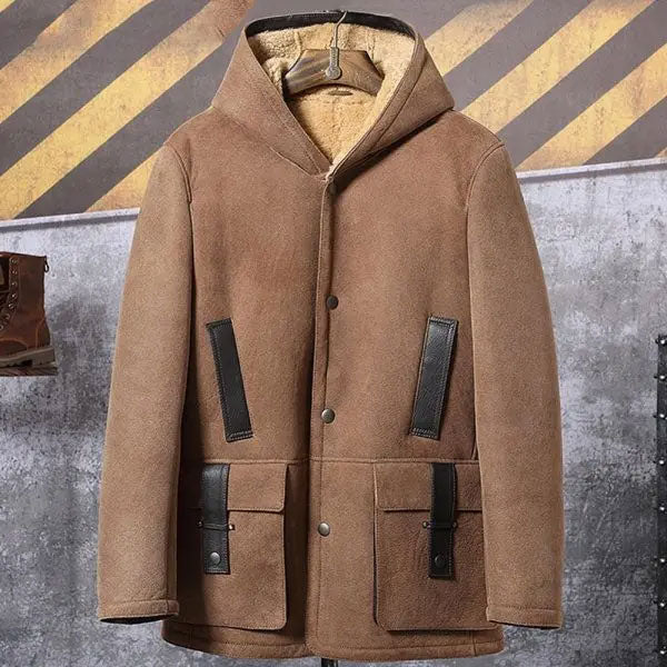 Mens Shearling Hooded Suede Leather Bomber Long Jacket Trench Coat