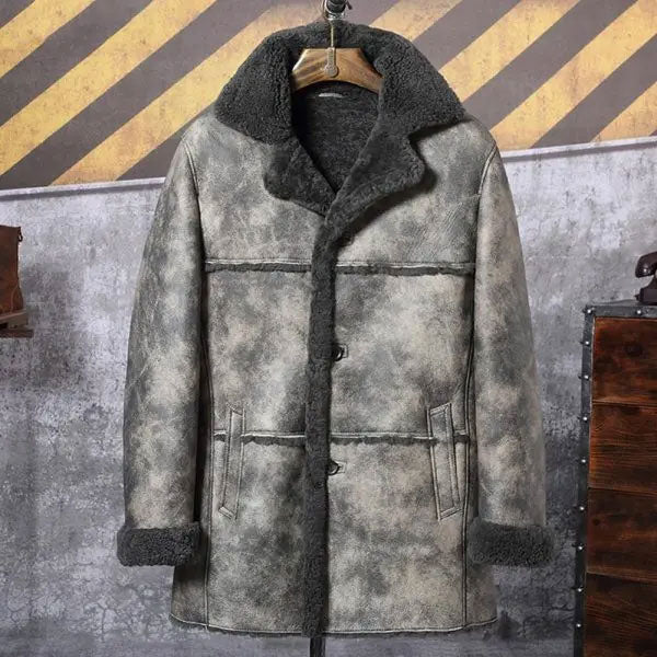 Mens Hunting Leather Shearling Bomber Trench Coat