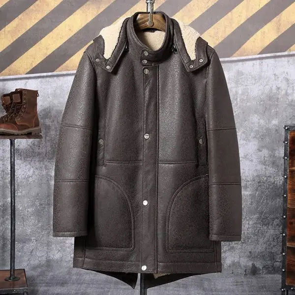 Mens Hooded Shearling Leather Long Trench Coat