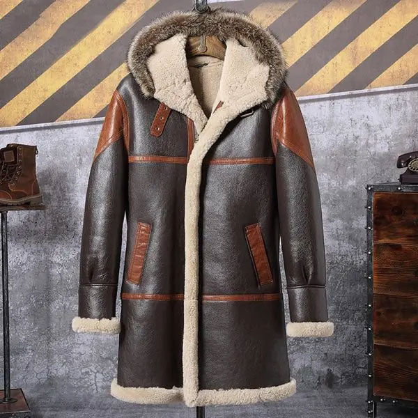 Mens Hooded Bomber Shearling Leather Jacket Trench Coat