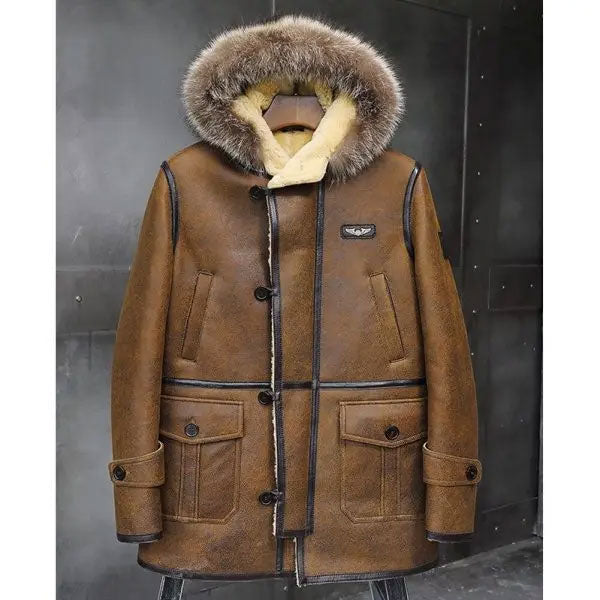 Mens Bomber Hooded Mink Fur Shearling Leather Long Jacket Coat