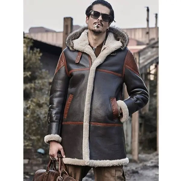 Mens Hooded Bomber Shearling Leather Jacket Trench Coat