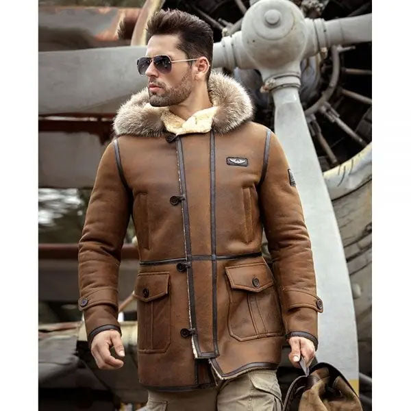 Mens Bomber Hooded Mink Fur Shearling Leather Long Jacket Coat