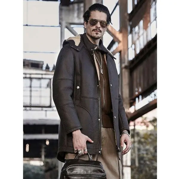 Mens Hooded Shearling Leather Long Trench Coat