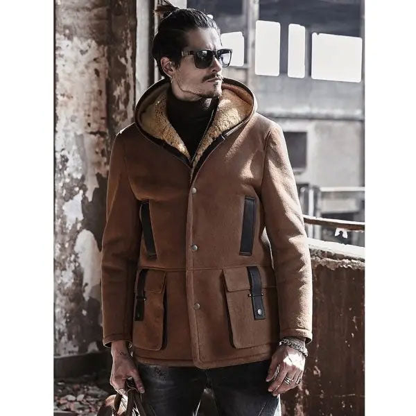 Mens Shearling Hooded Suede Leather Bomber Long Jacket Trench Coat