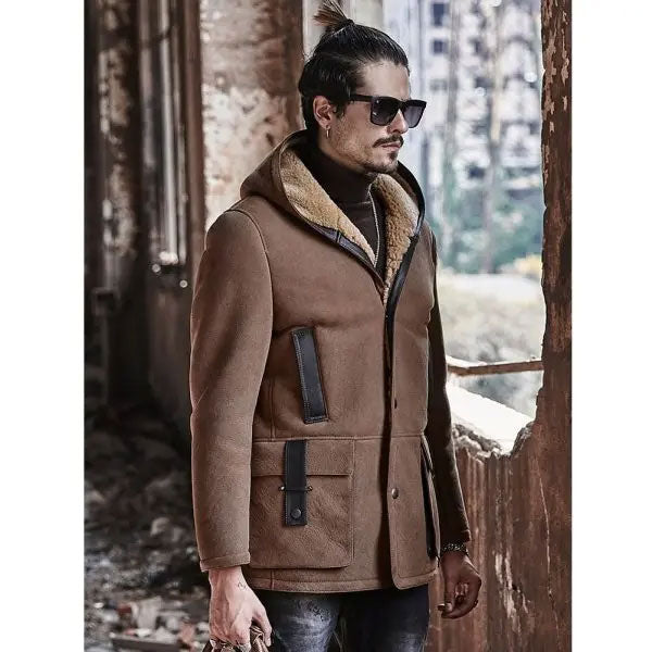 Mens Shearling Hooded Suede Leather Bomber Long Jacket Trench Coat