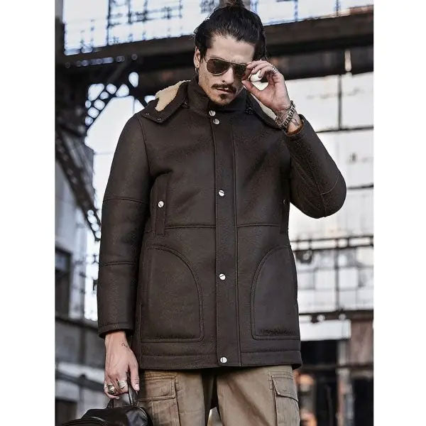 Mens Hooded Shearling Leather Long Trench Coat